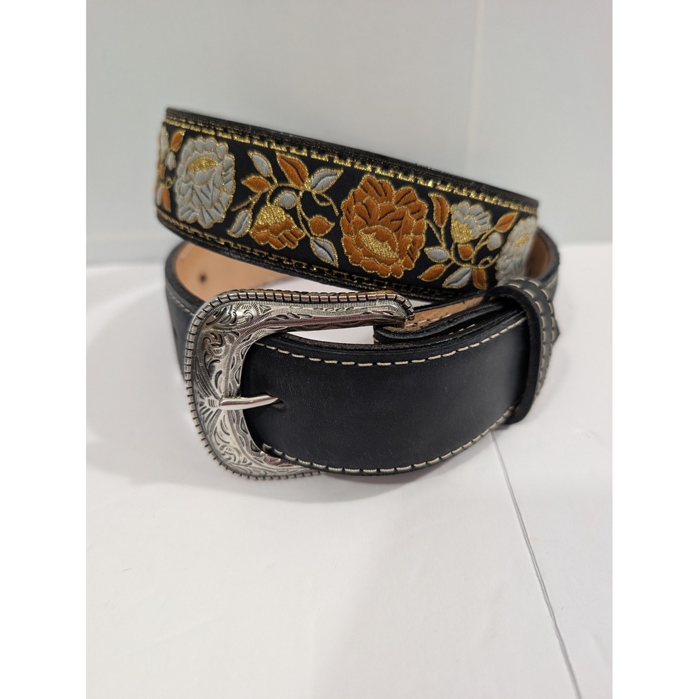 Western Floral Embroidered Black Leather Belt Silver Engraved Buckle Mexico 32